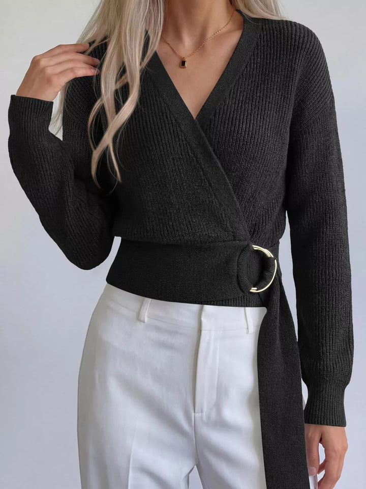 Black Ribbed knit wrap sweater with gold O-ring belt tie