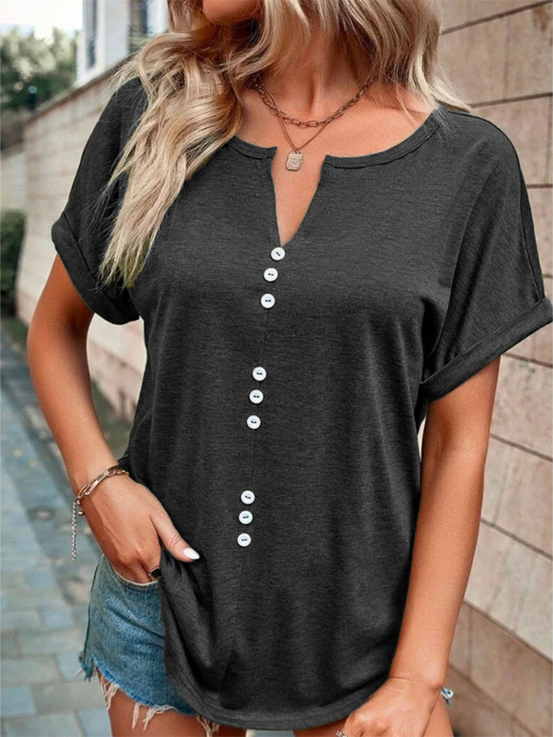 Dark Gray Decorative button-front notch neck short sleeve tee