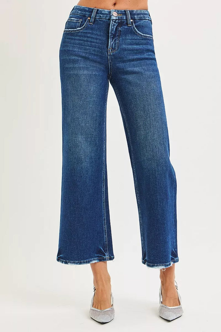 High-rise cropped wide leg jeans with raw frayed hem