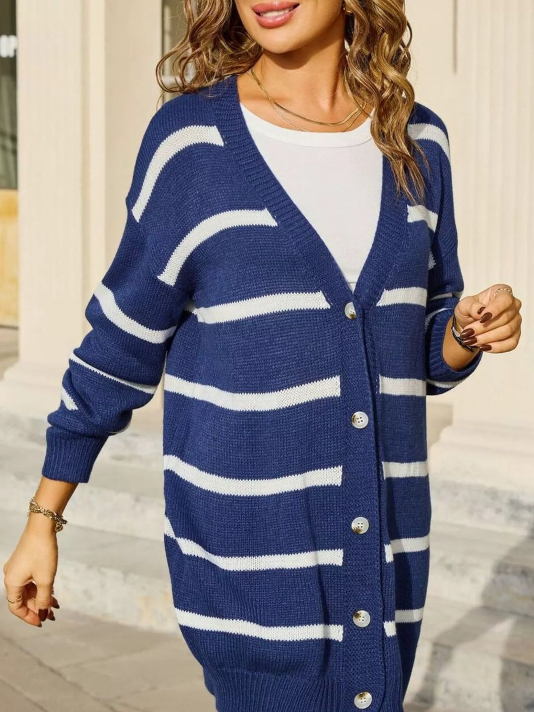 Striped button-front longline knit cardigan with ribbed trim