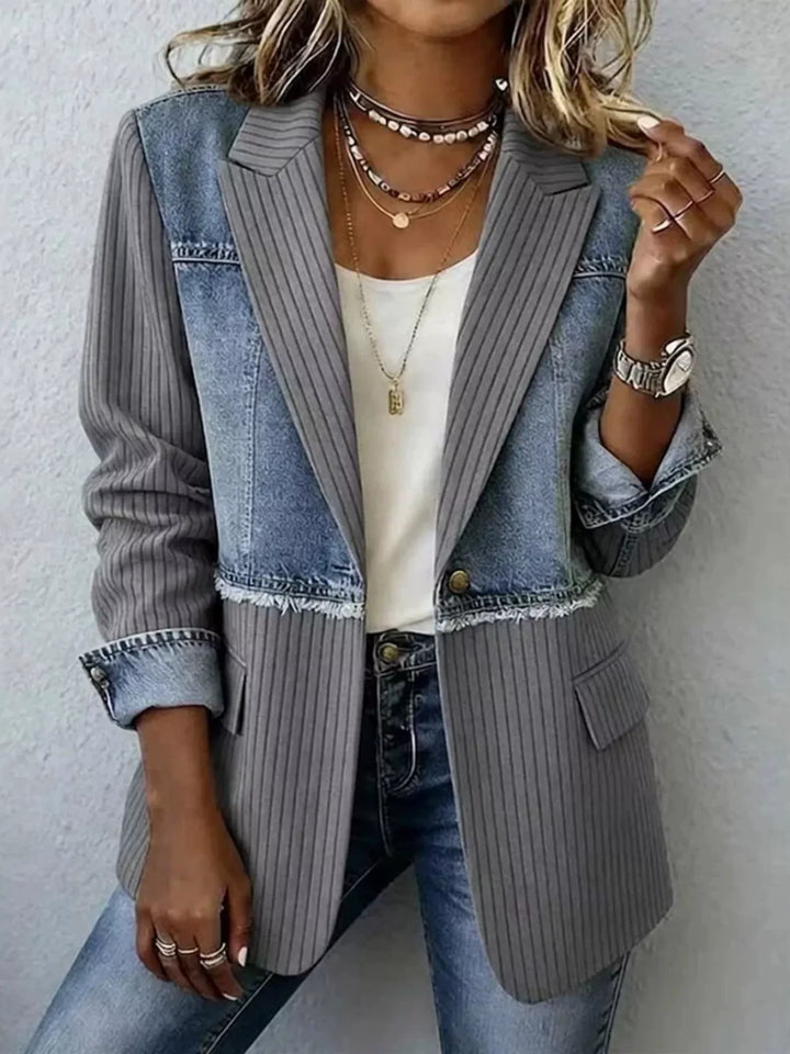 Dark Gray Denim patchwork ribbed blazer with raw hem and notch lapels