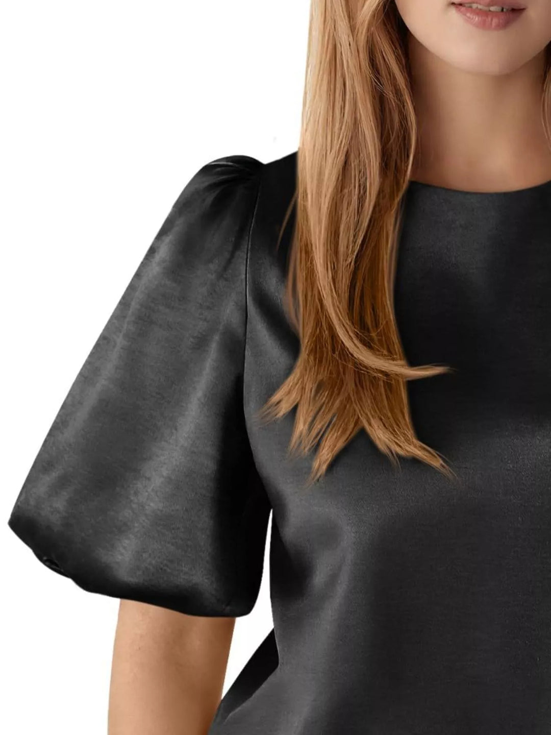 Short puff sleeve satin top with round neck