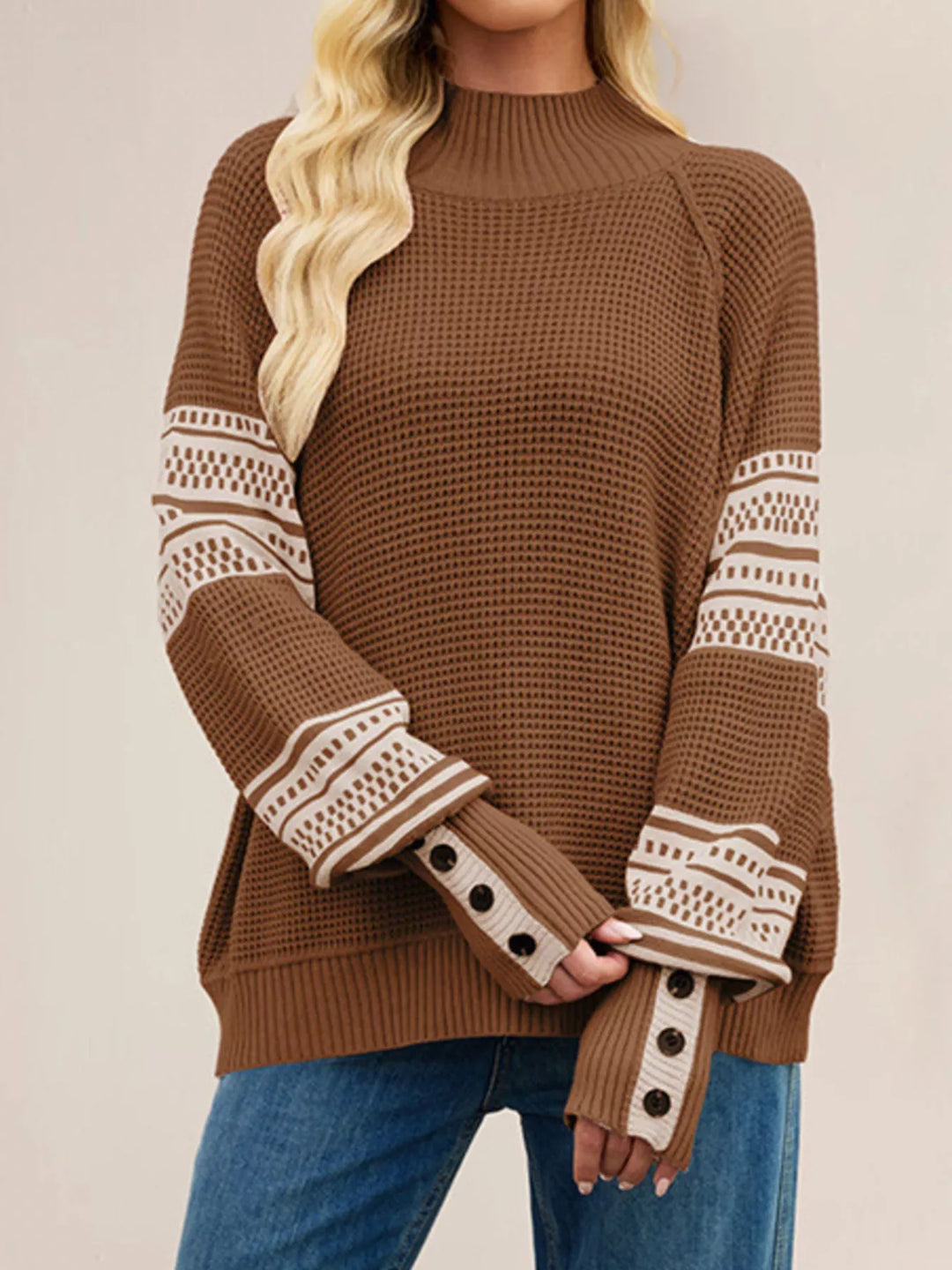 Brown Color-block waffle knit mock neck sweater with button cuffs