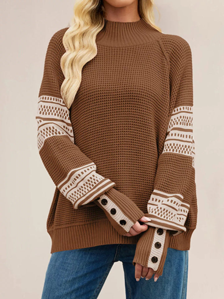 Brown Color-block waffle knit mock neck sweater with button cuffs