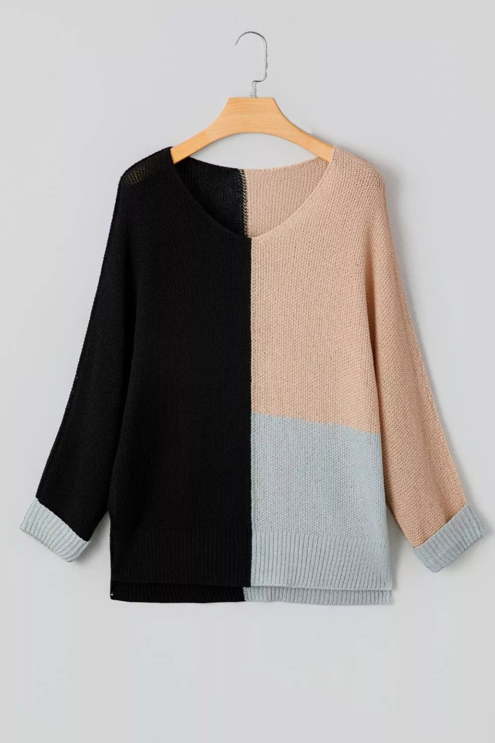 Color block ribbed knit v-neck loose sweater