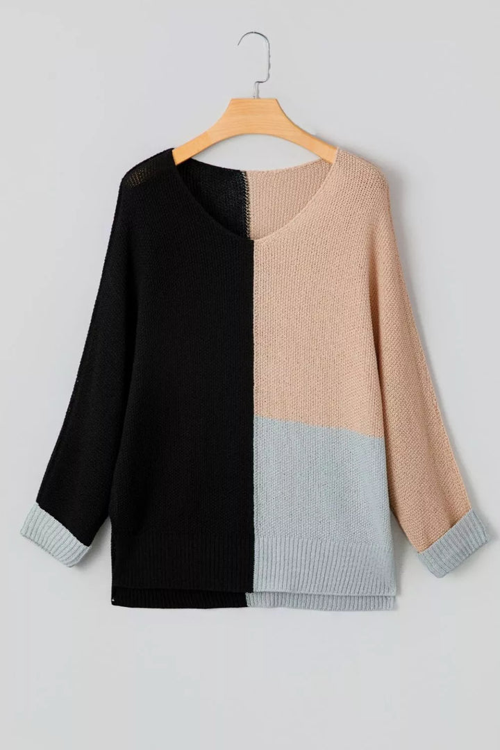 Color block ribbed knit v-neck loose sweater