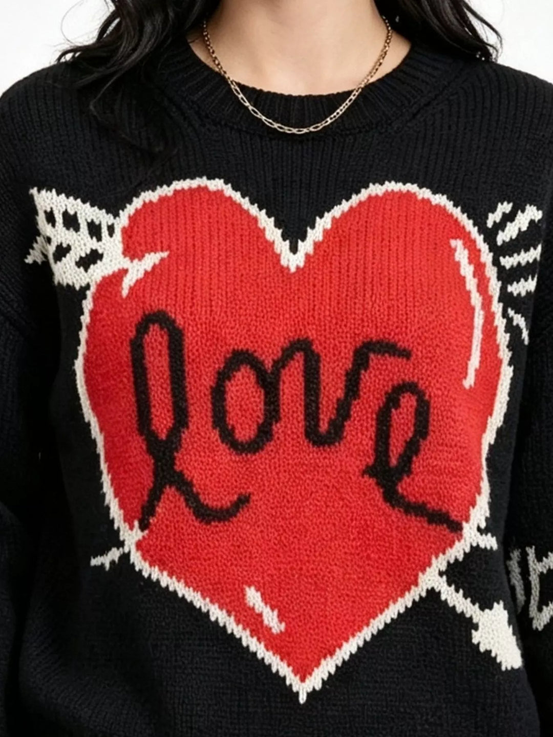 Heart and arrow graphic knit sweater with ribbed trim