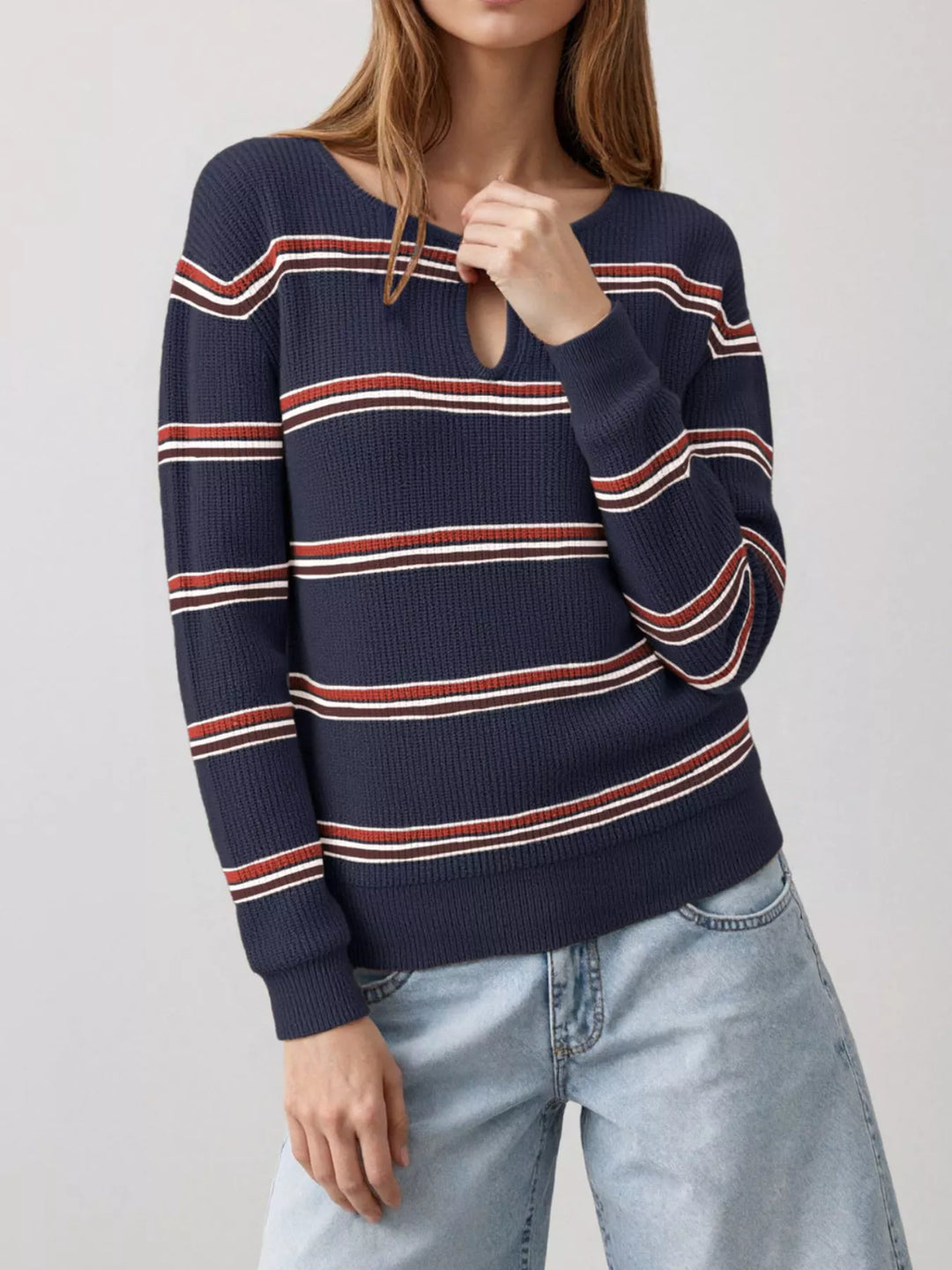 Dark Blue Striped ribbed knit sweater with keyhole neckline