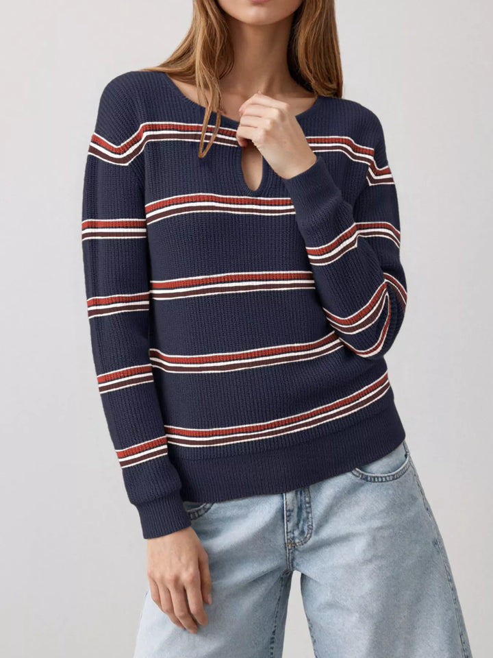 Dark Blue Striped ribbed knit sweater with keyhole neckline