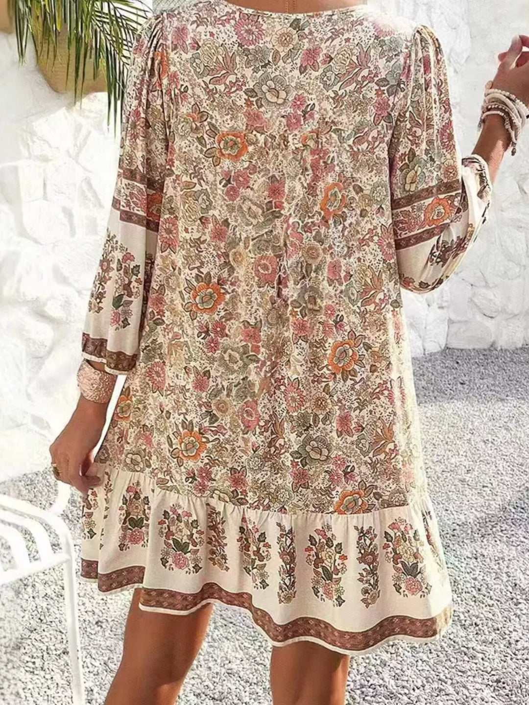 Boho floral v-neck mini dress with tassel tie and long sleeves