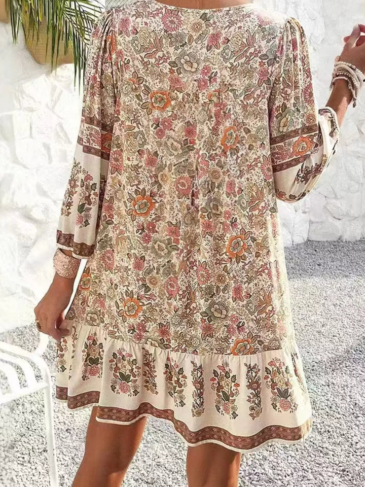 Boho floral v-neck mini dress with tassel tie and long sleeves