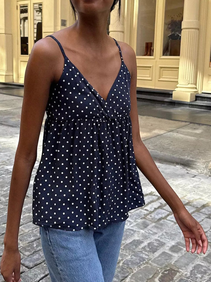 Polka dot v-neck babydoll cami with twist front