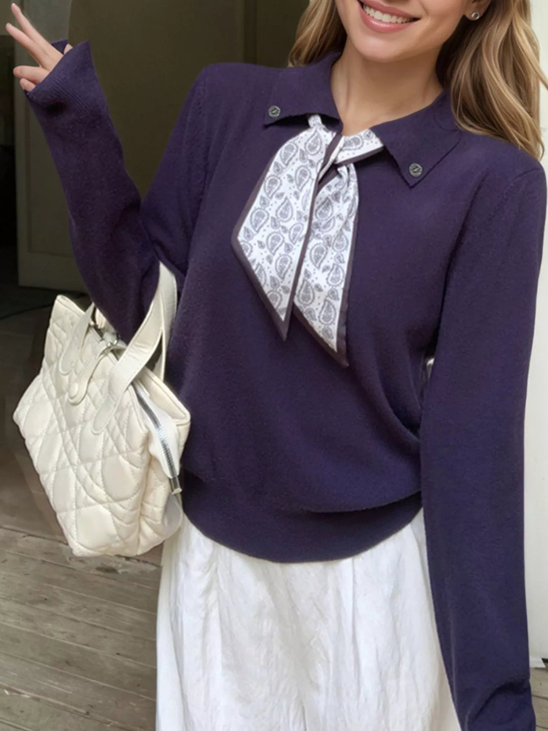 Dark Navy Scarf-tie collared long sleeve knit sweater
