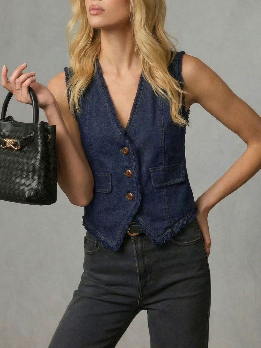 Frayed hem denim vest with V-neck button front