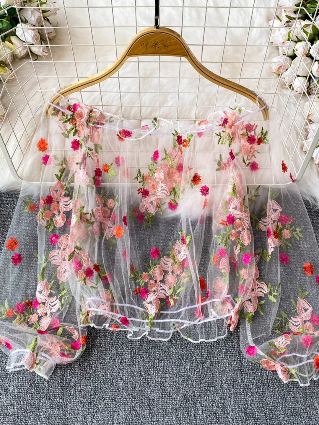 White Floral embroidered off-shoulder mesh crop top with puff sleeves