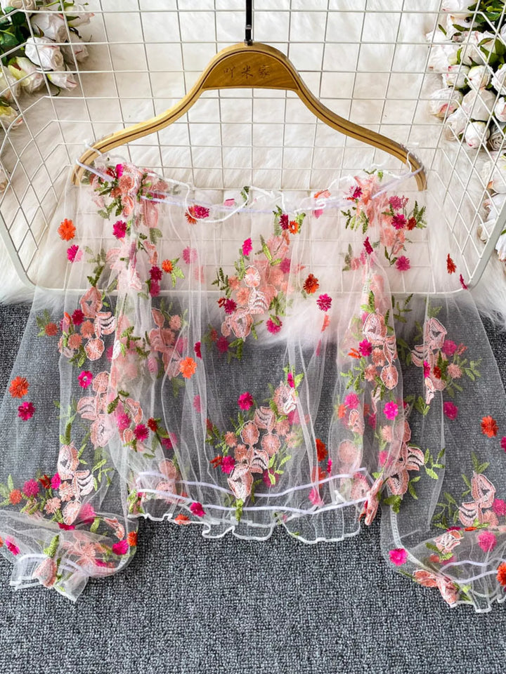 White Floral embroidered off-shoulder mesh crop top with puff sleeves
