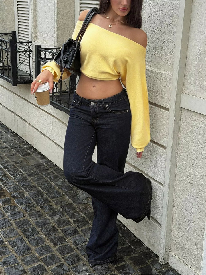 Off-shoulder cropped knit sweater with balloon sleeves