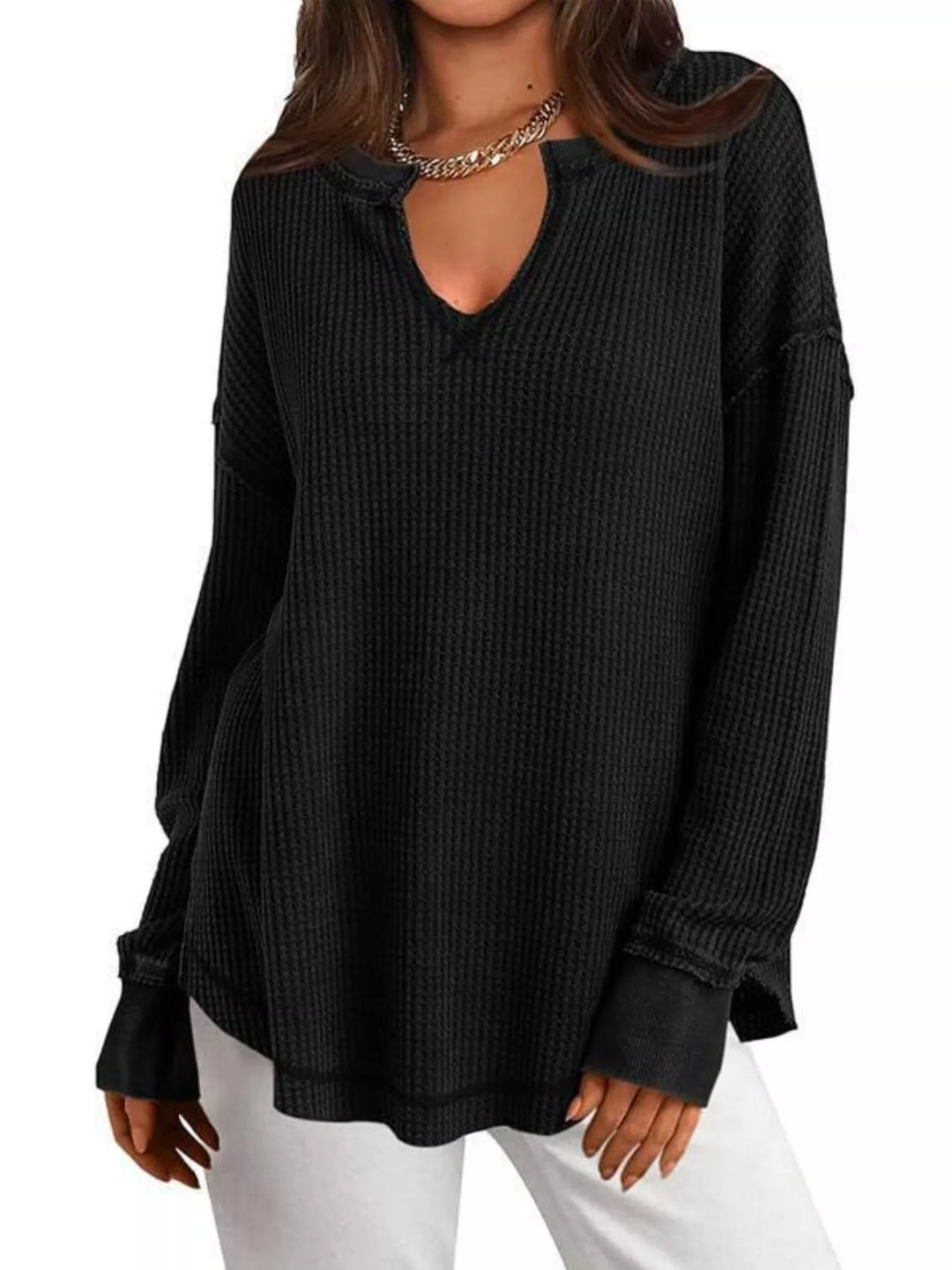 Black Waffle knit notched neck long sleeve tunic top