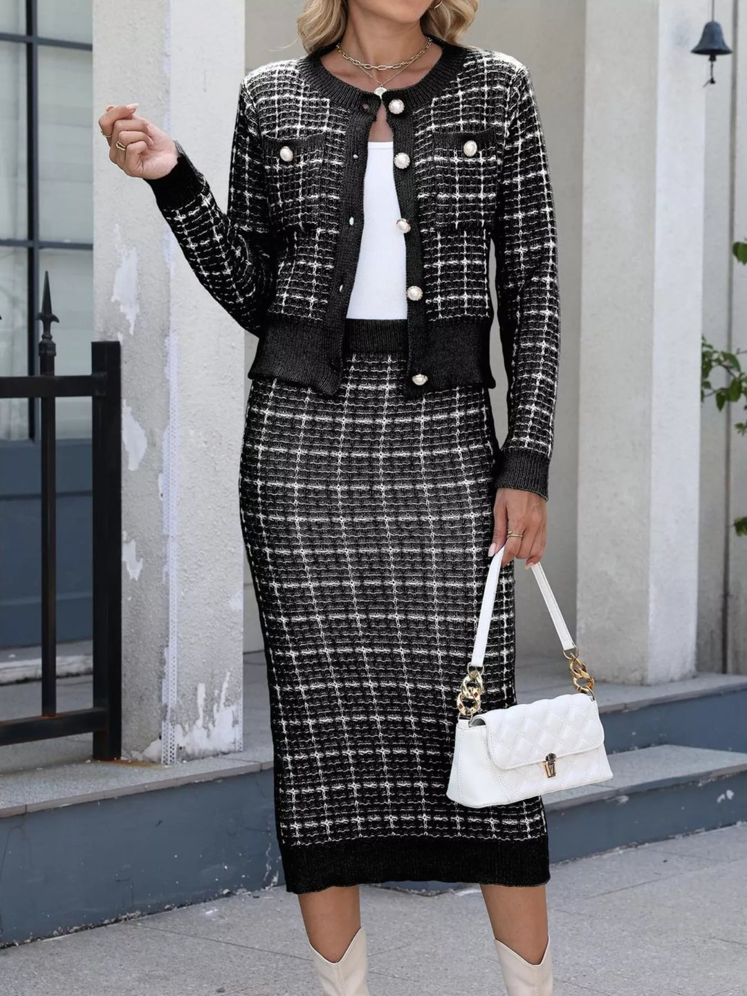 Pearl button plaid knit cardigan and midi skirt set