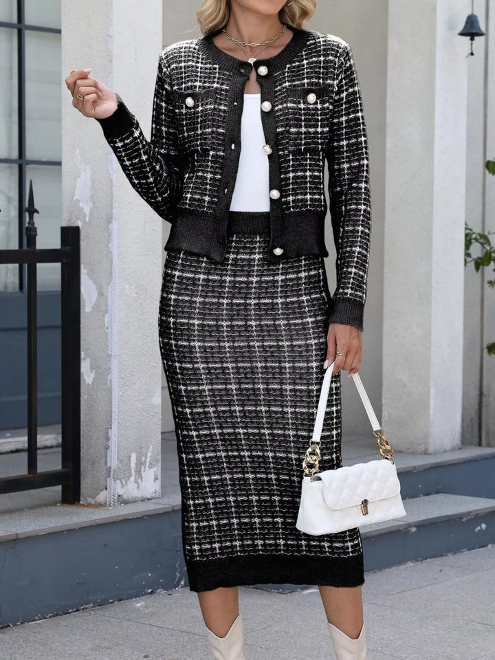 Pearl button plaid knit cardigan and midi skirt set
