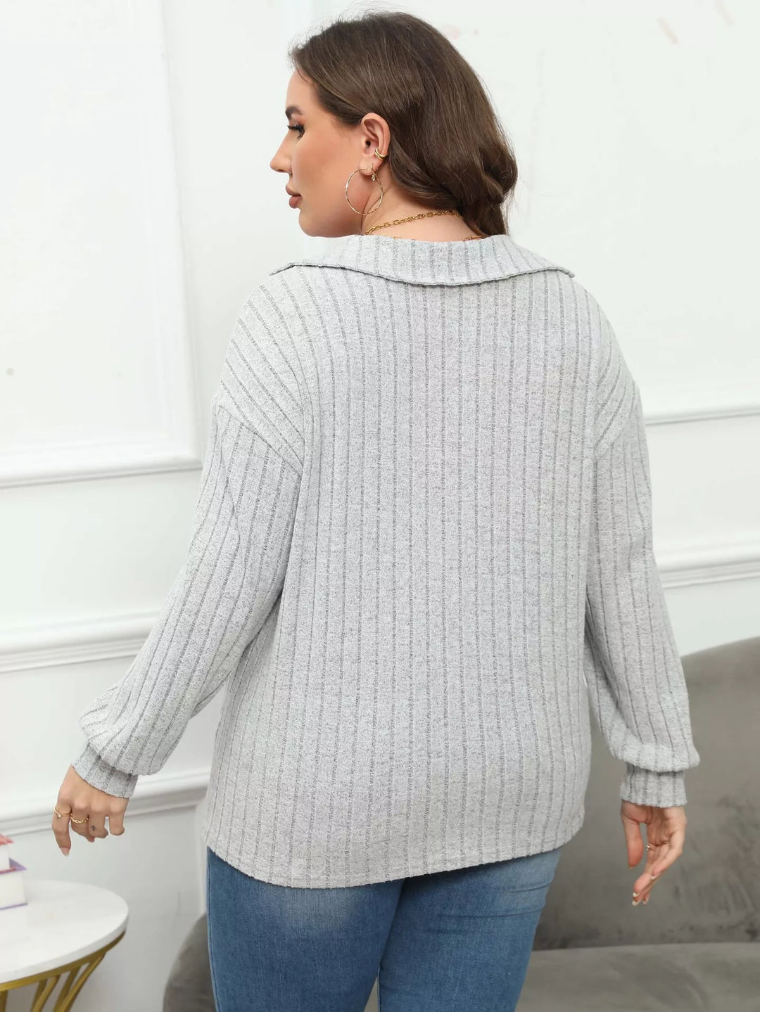 Plus size ribbed knit polo collar long-sleeve top