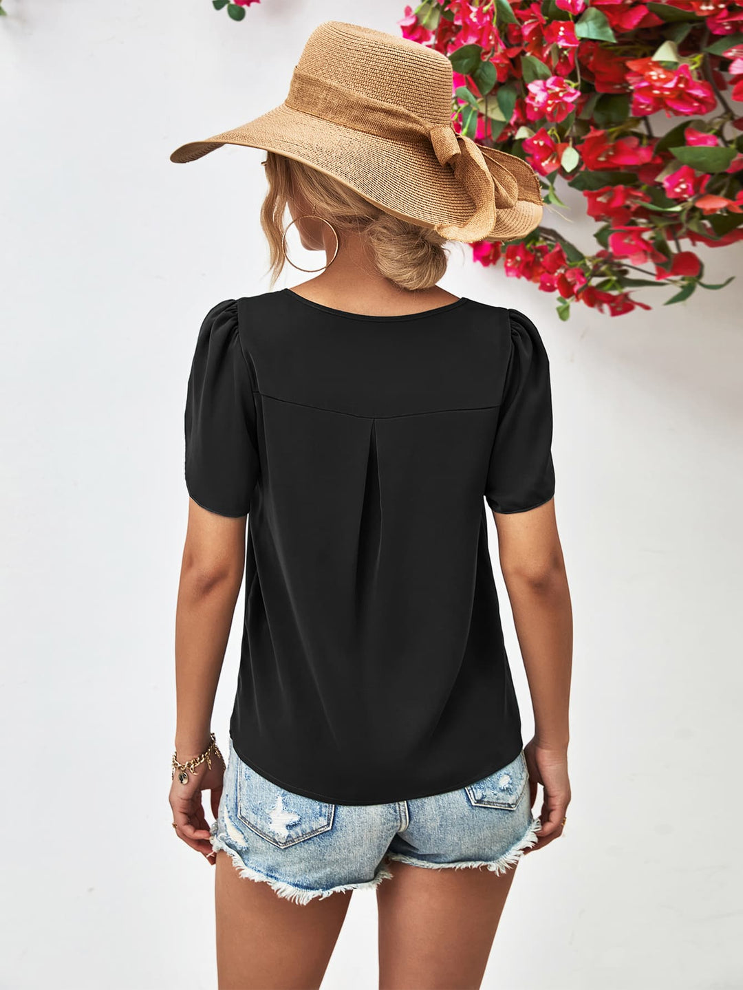 Petal sleeve blouse with keyhole cutout round neck