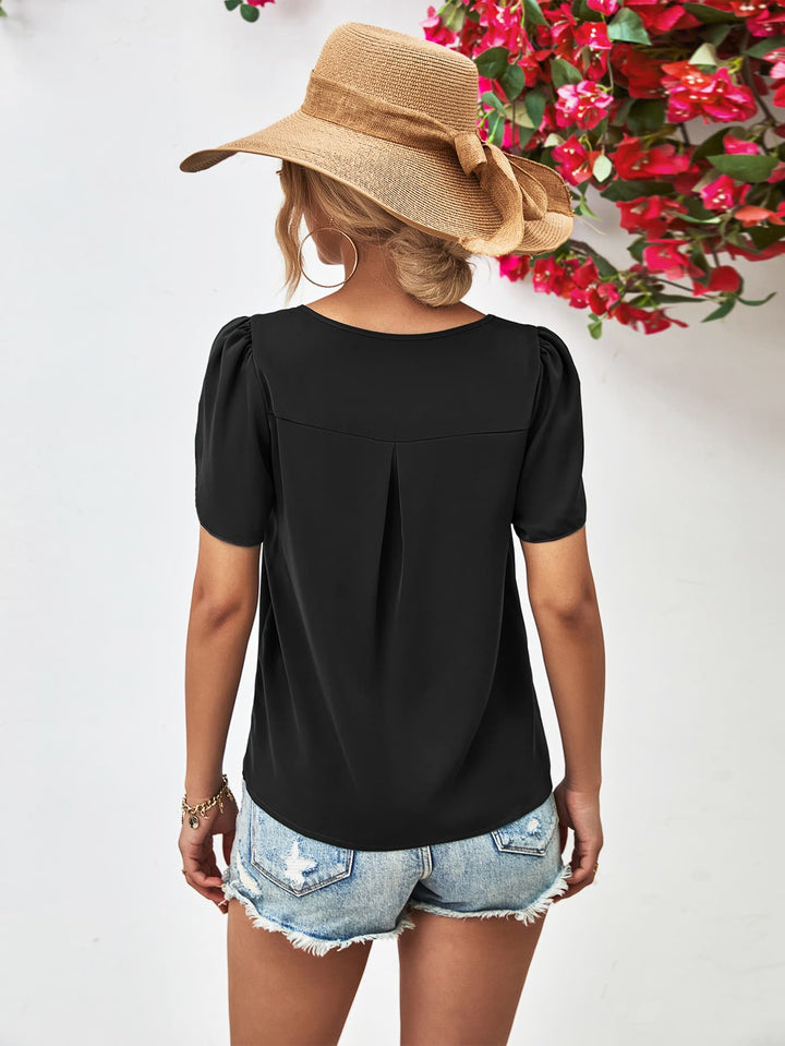 Petal sleeve blouse with keyhole cutout round neck