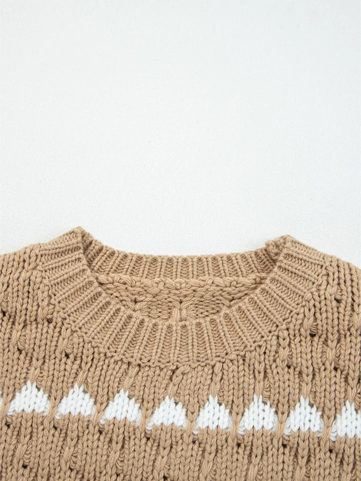 Textured knit puff sleeve sweater with contrast stripe detail