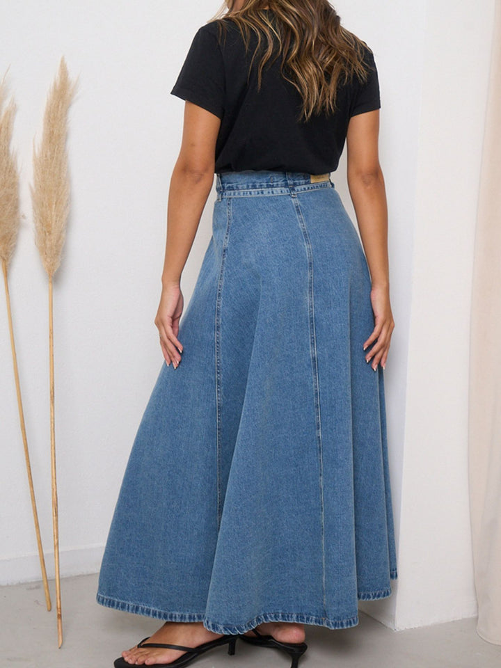 High-waisted belted A-line maxi denim skirt