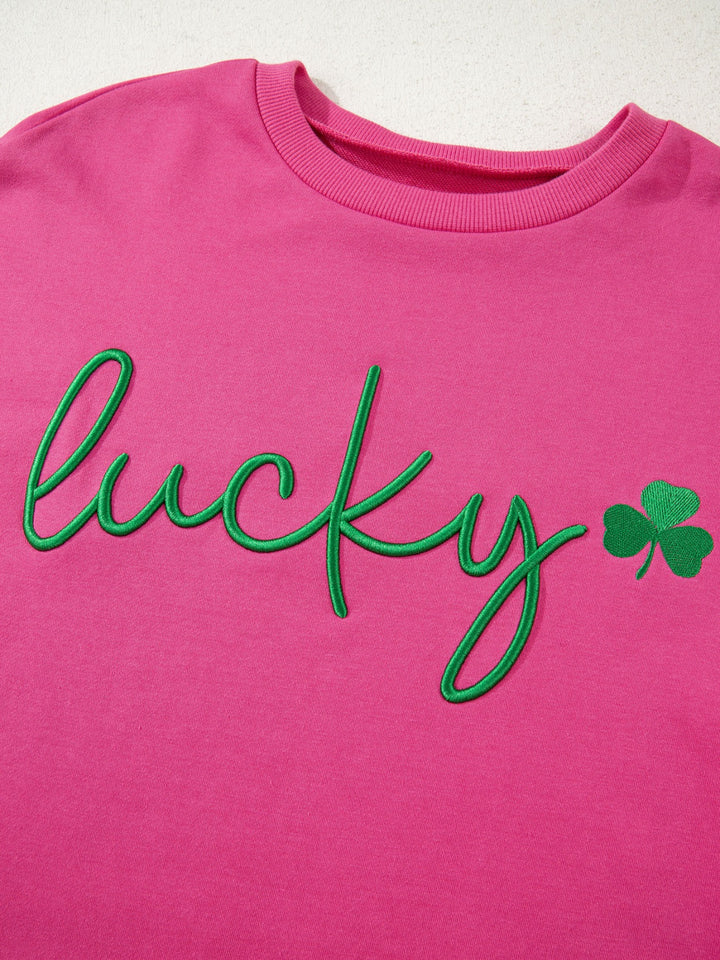 Embroidered lucky clover crewneck pullover sweatshirt