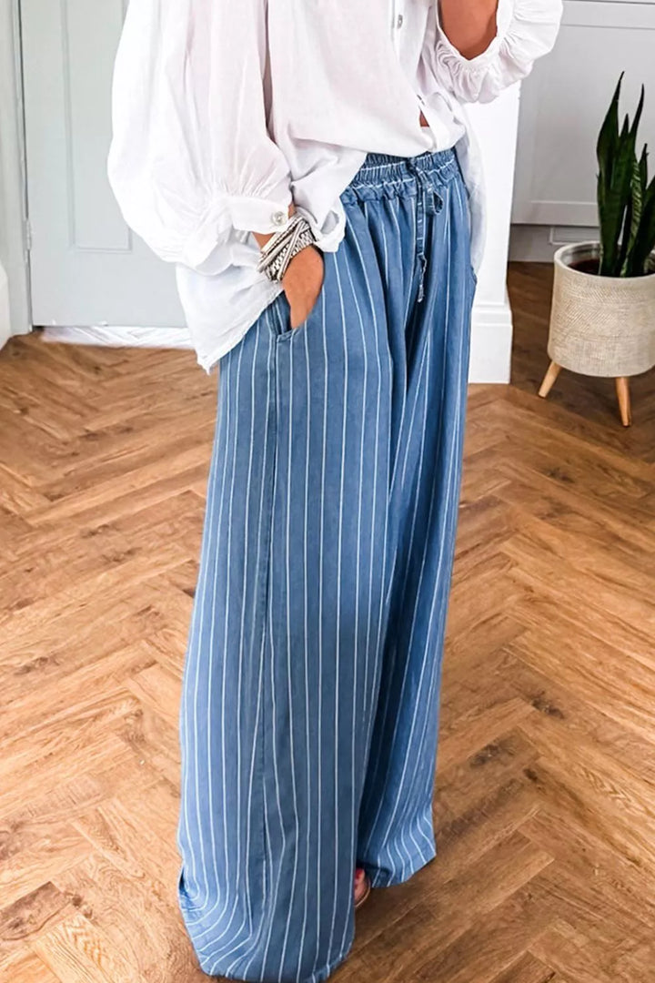 Striped chambray wide-leg pants with drawstring waist