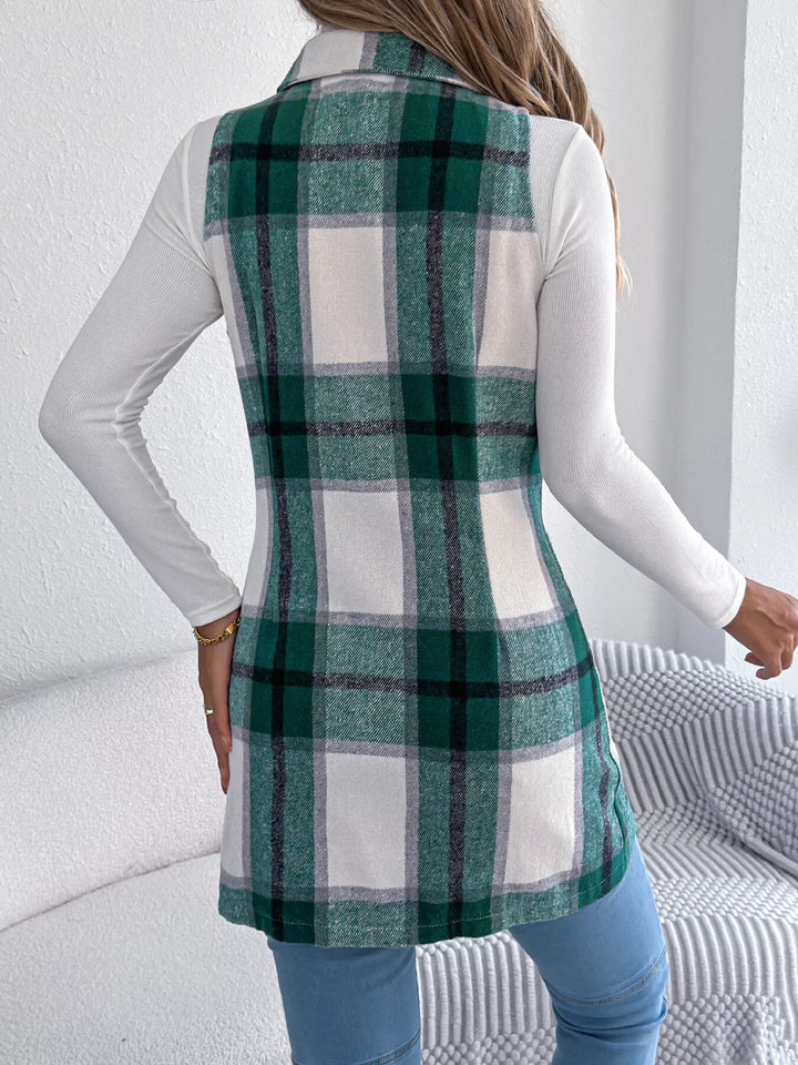 Plaid double-breasted longline vest coat with notched lapel