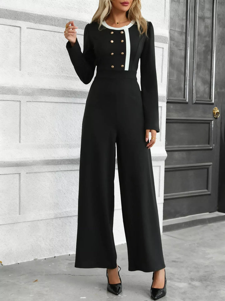 Gold button wide leg jumpsuit with contrast neckline trim