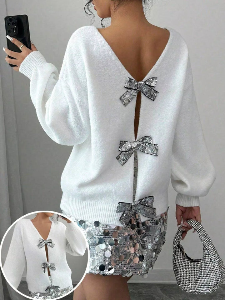 Sequin bow-tie dropped shoulder fuzzy knit cardigan