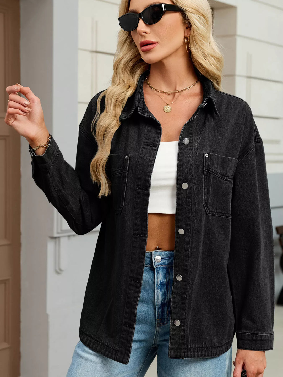 Dropped shoulder button-up denim jacket with chest pockets