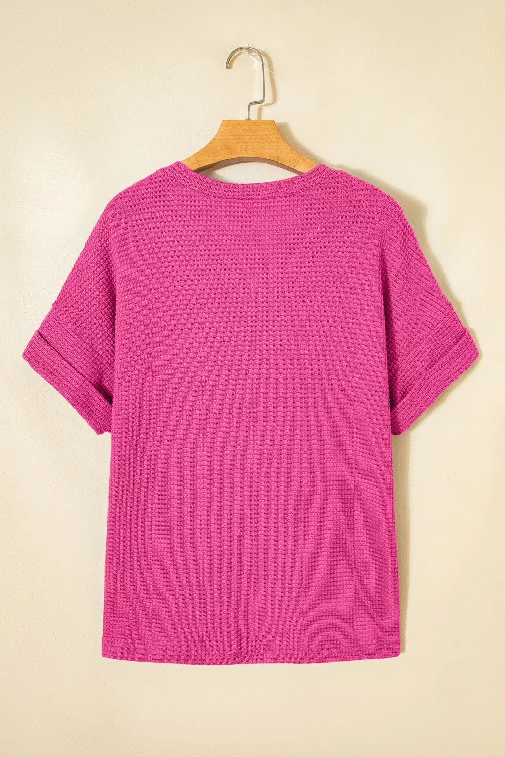 Waffle knit V-neck tee with cuffed short sleeves