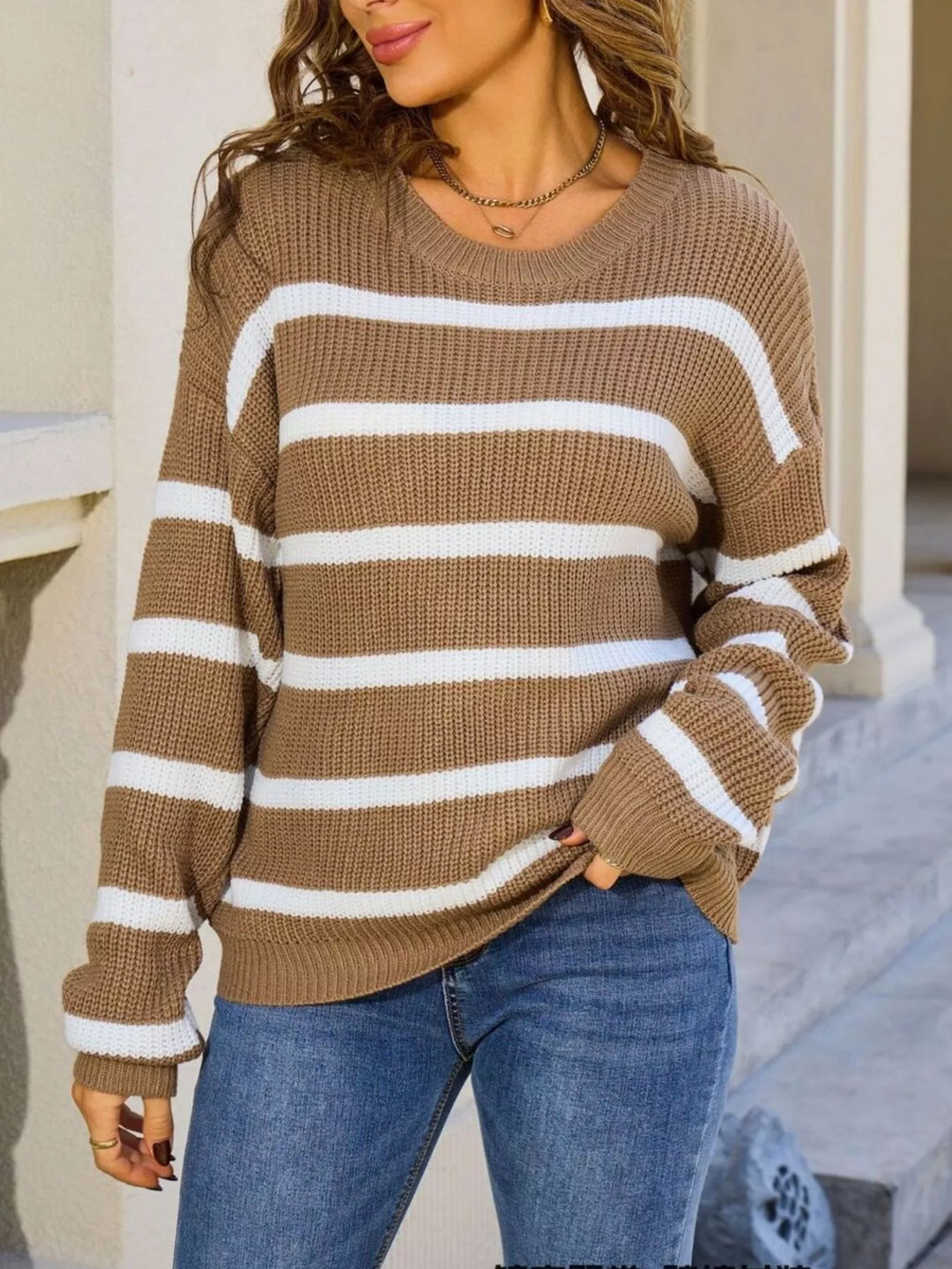 Striped ribbed knit dropped shoulder crewneck sweater