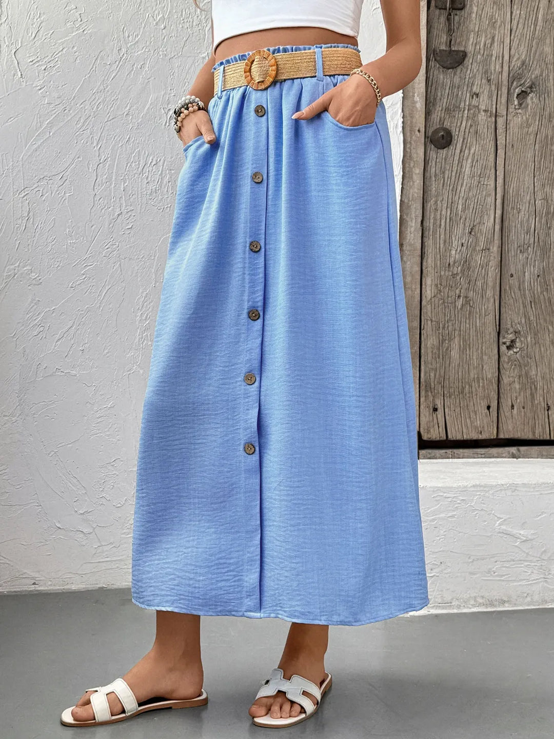 Button-front midi skirt with elastic waist and pockets