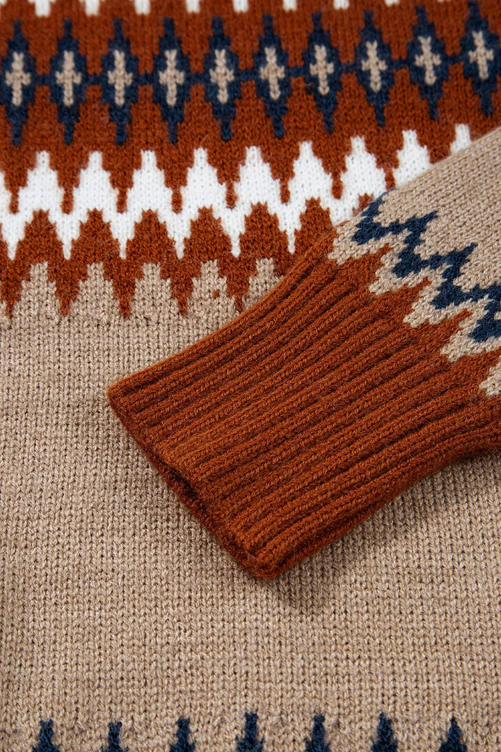 Geometric zigzag knit crew neck pullover sweater