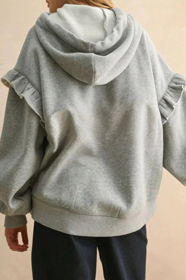 Ruffle-trim drawstring pullover hoodie with kangaroo pocket