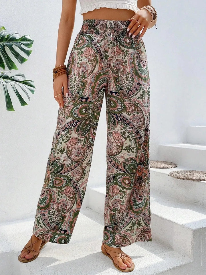 Paisley print wide-leg pants with drawstring waist