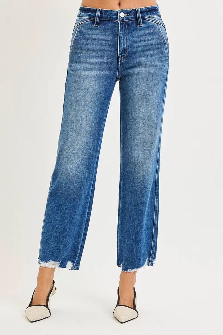 DARK High-rise straight ankle jeans with distressed raw hem