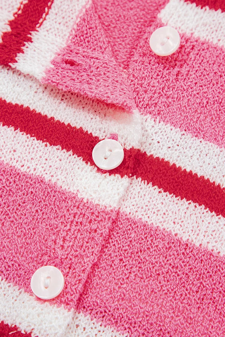 Striped knit button-front cardigan with rolled crew neck