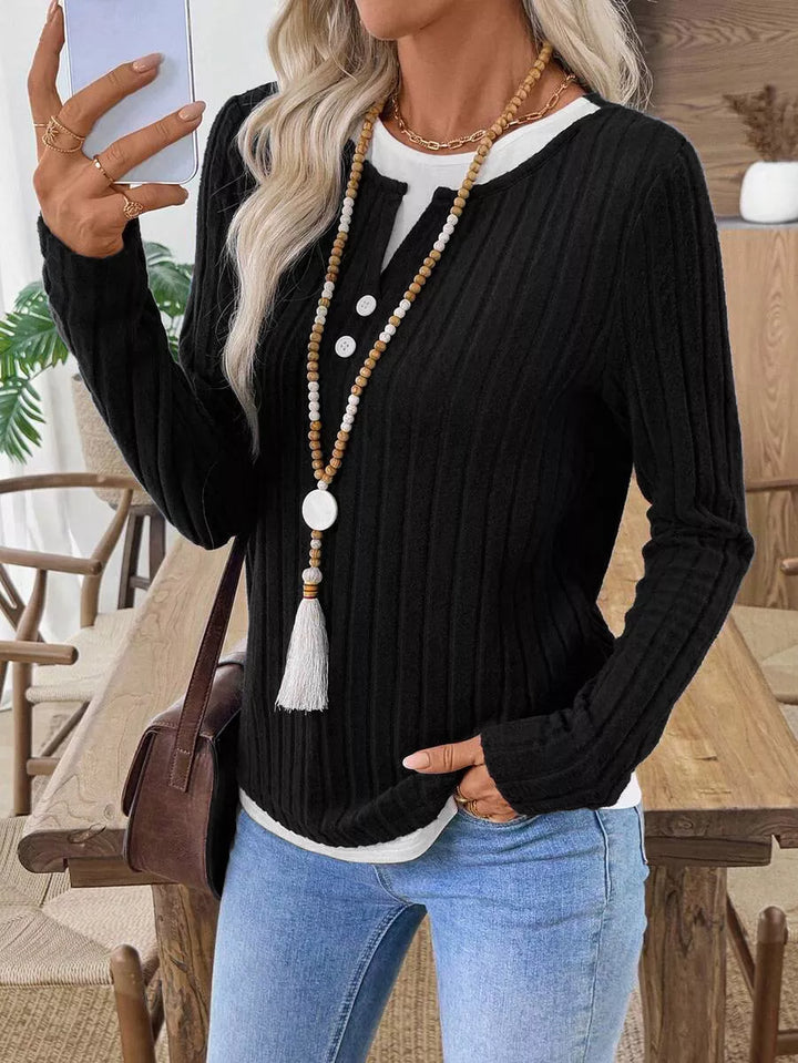 Ribbed knit long sleeve henley with contrast trim