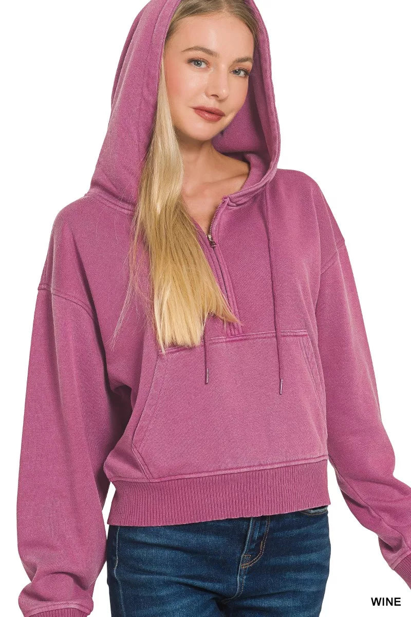 WINE Pigment-dyed fleece half-zip hoodie with kangaroo pocket