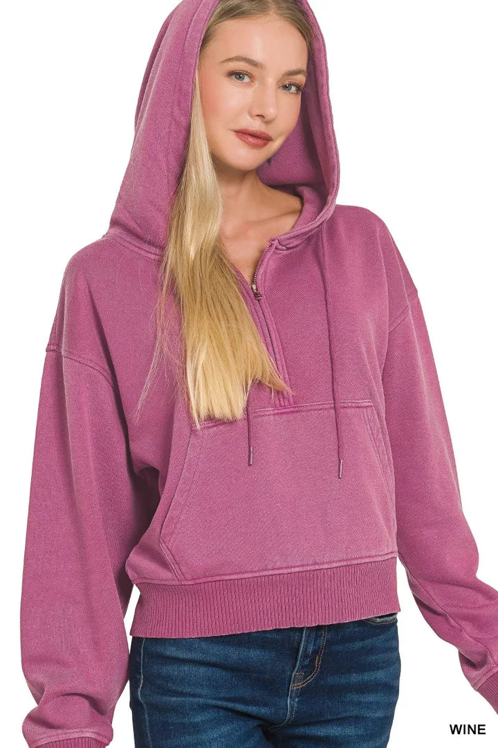 WINE Pigment-dyed fleece half-zip hoodie with kangaroo pocket