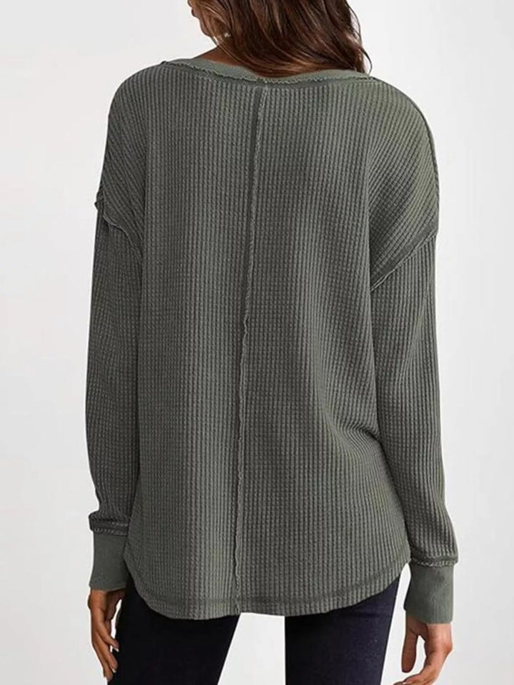 Waffle knit notched neck long sleeve tunic top