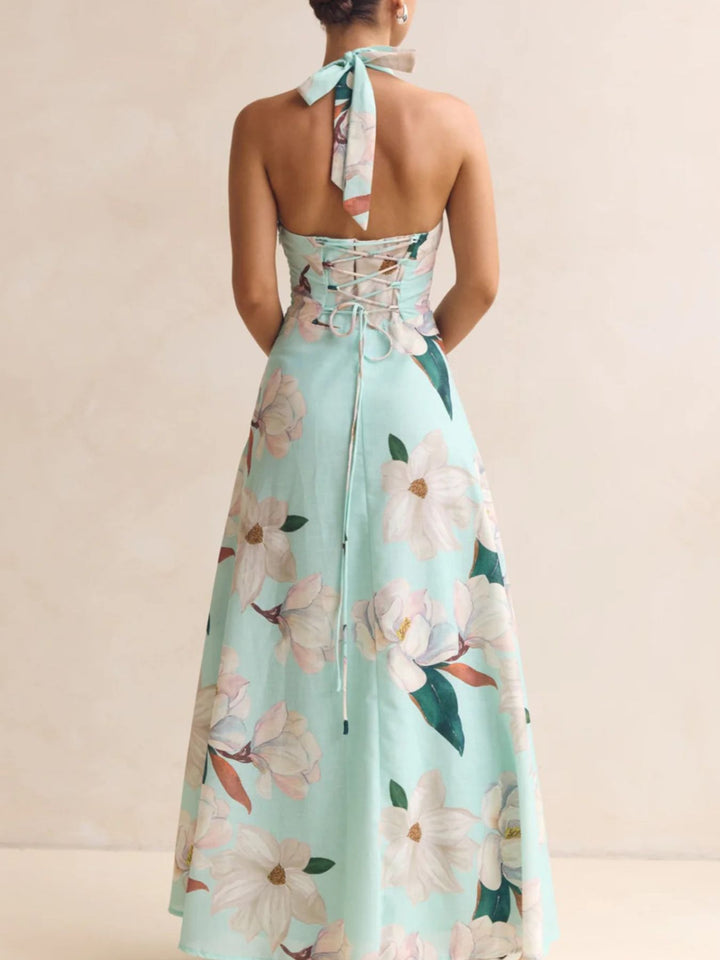 Floral print halter maxi dress with lace-up back