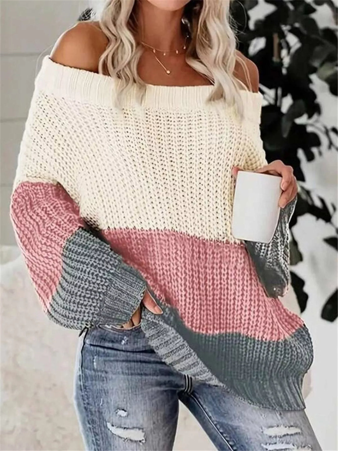 Dusty Pink Off-shoulder color block waffle knit sweater