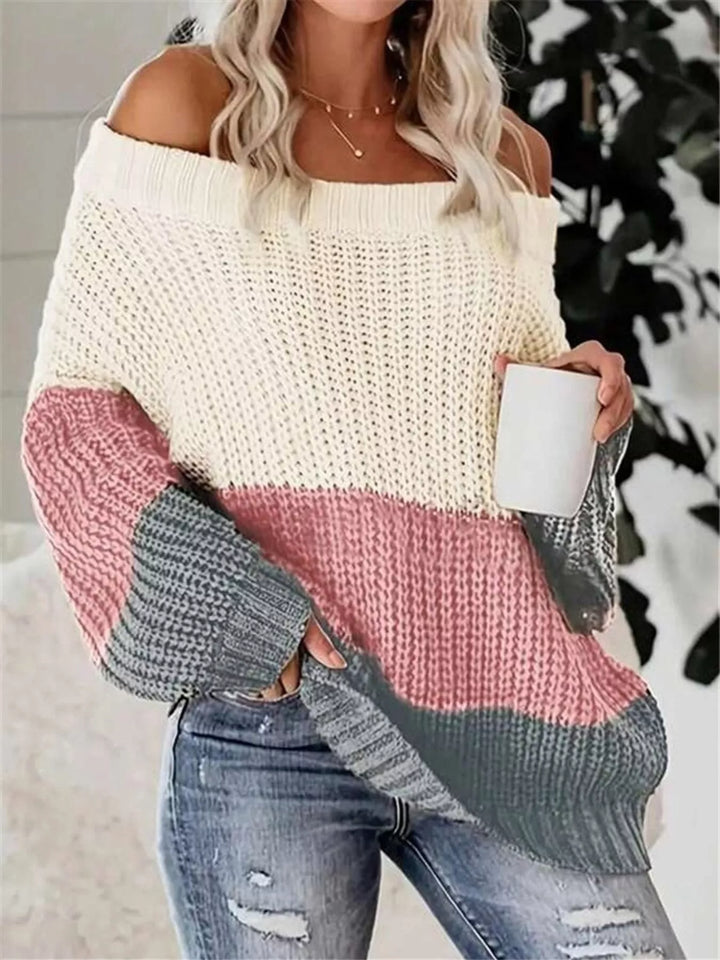 Dusty Pink Off-shoulder color block waffle knit sweater